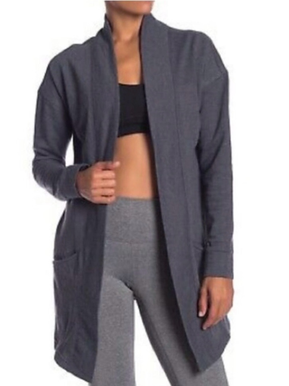 Zella Love Cardigan Extra Small‎ Gray Pocket Longline Open Front Pilates Cozy
